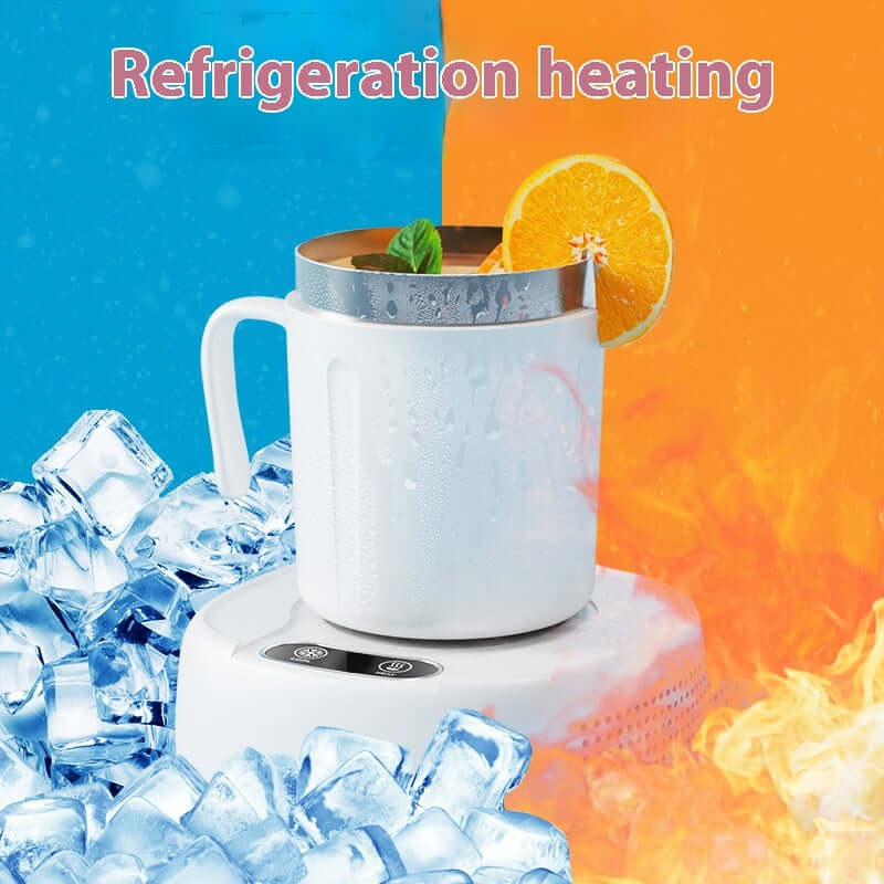 smart temperature-measuring stirring cup avec technologie de mélange magnétique, présentée avec glace et chaleur.