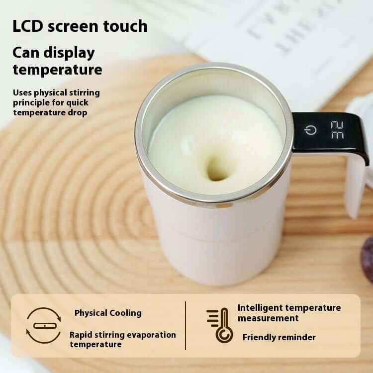 smart temperature-measuring stirring cup avec écran LCD affichant la température et technologie de mélange avancée.