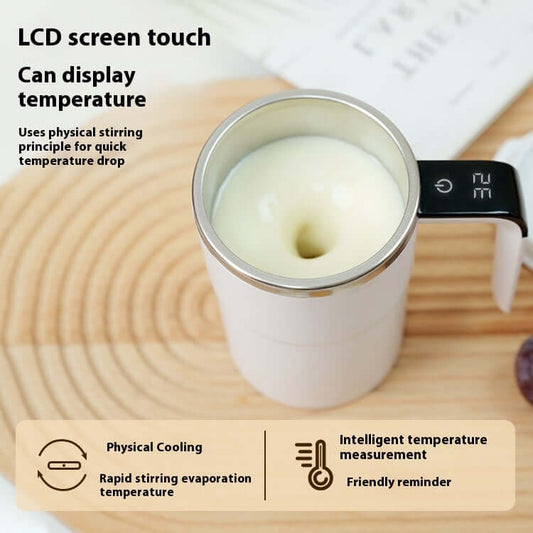 smart temperature-measuring stirring cup avec écran LCD affichant la température et technologie de mélange avancée.